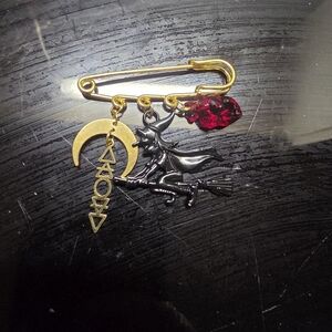 Kilt Pin, Dangle Brooch With 5 Elements, Witch & Human Heart Charms